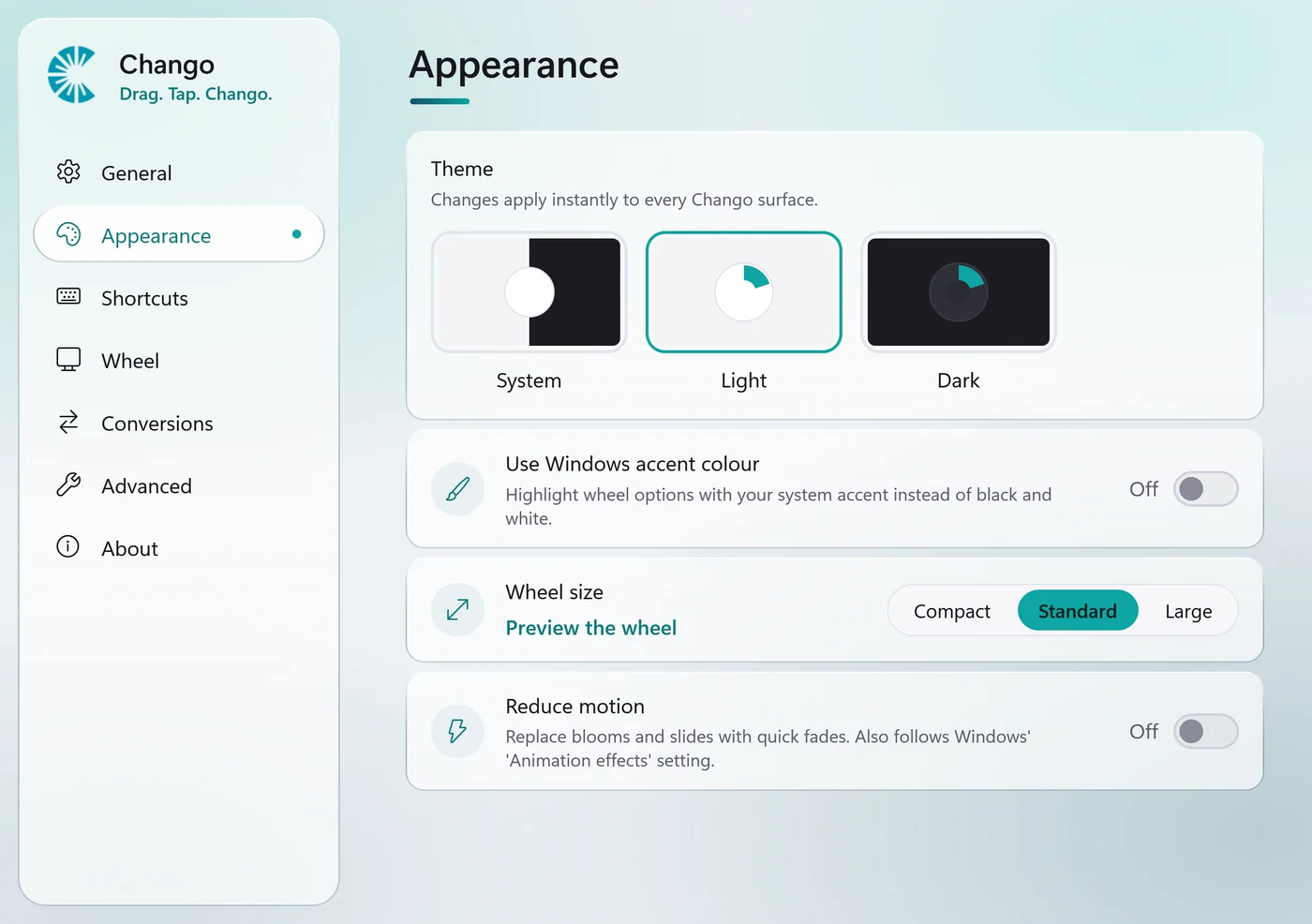 Chango's Settings, showing Appearance: theme, accent colour, wheel size and reduce motion.